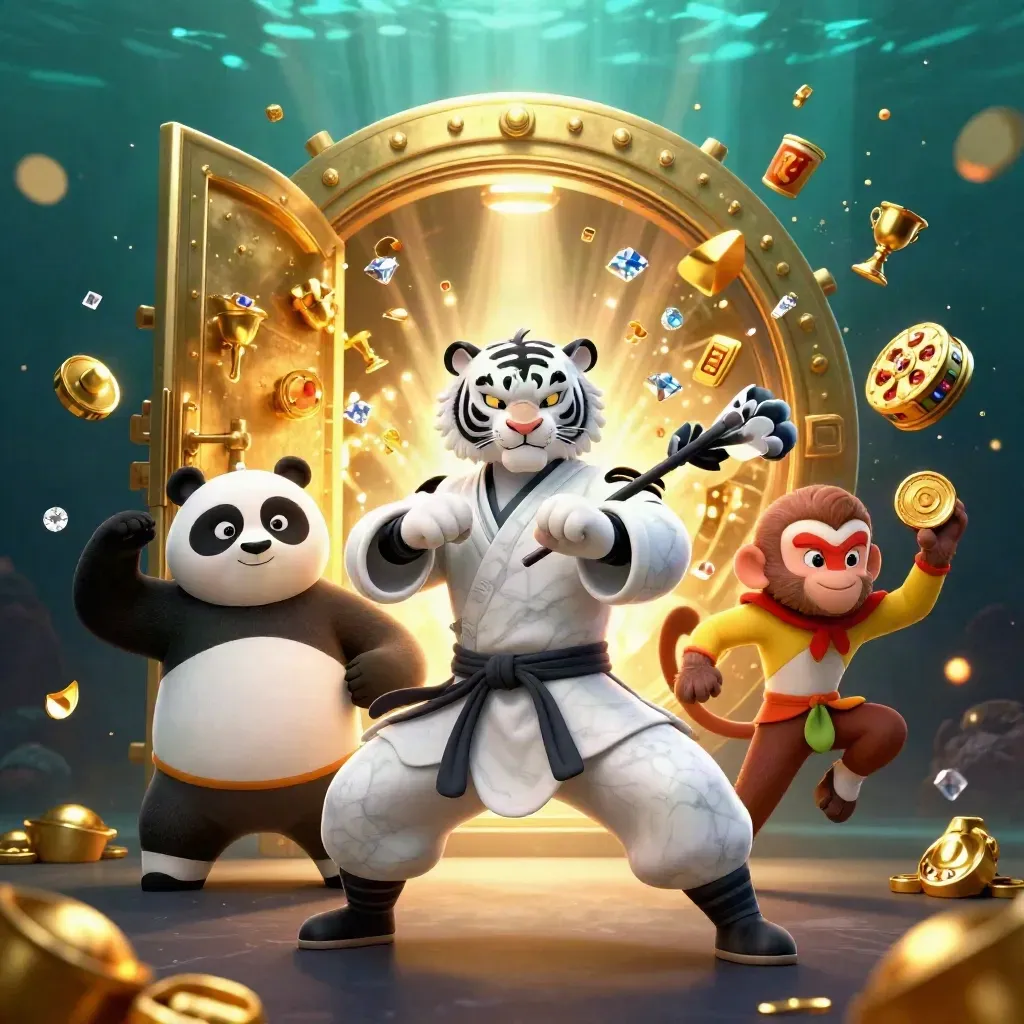 Tiger master, panda disciple, and monkey steal treasure before a glowing vault in a casino scene.