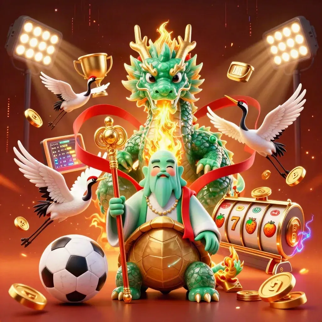 Emerald dragon, turtle sage, and ribboned cranes in a glowing casino battle scene.