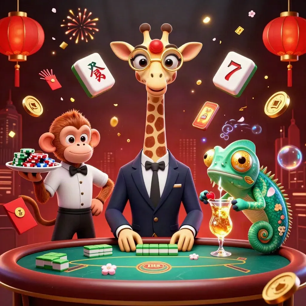 Giraffe high roller, monkey valet, and chameleon bartender in a glowing marble slot casino scene