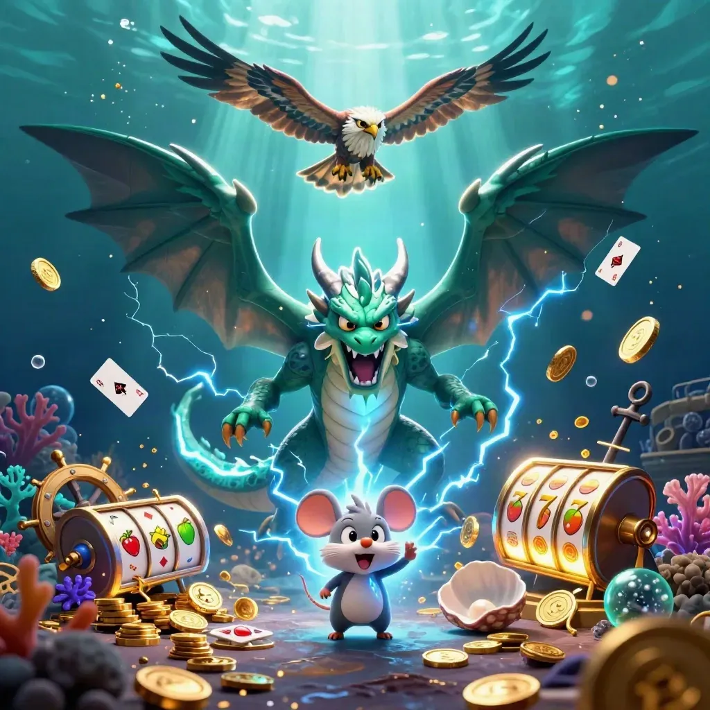 Thunder dragon, wind hawk and static mouse amid underwater slot treasure and glowing casino effects.
