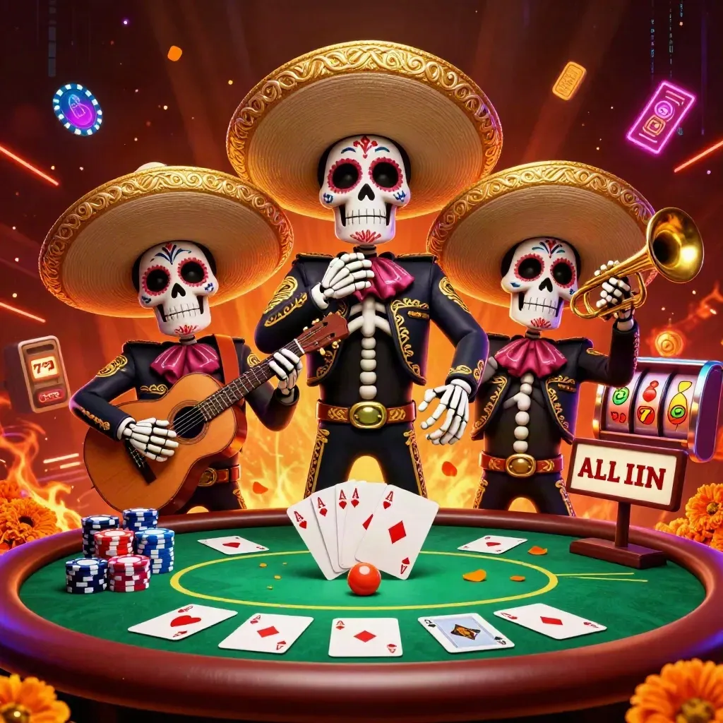 Three skeleton mariachi players ringed by casino chips, cards, reels, and glowing neon energy.