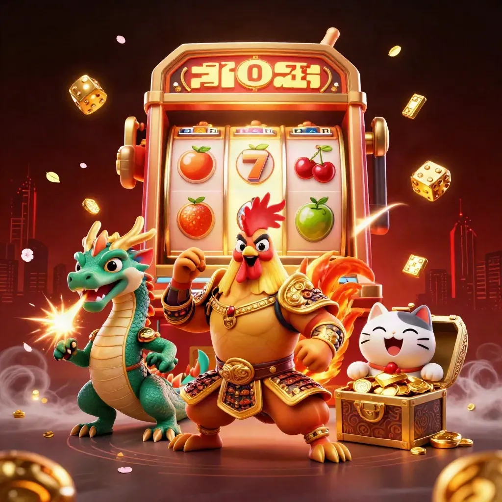 Gold samurai rooster with spark-breathing hatchling and cheering cat amid slot machine jackpot burst