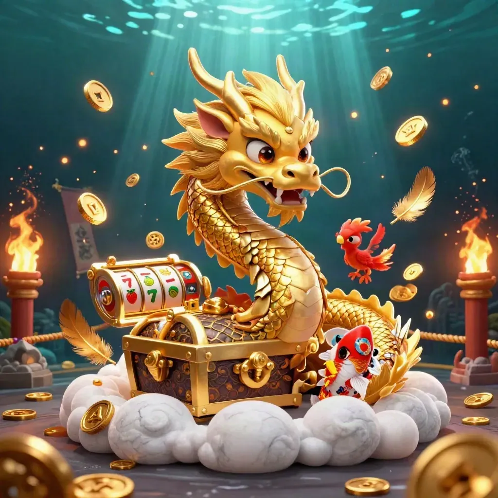 Golden dragon with phoenix and koi around a treasure chest in a dark teal casino scene.