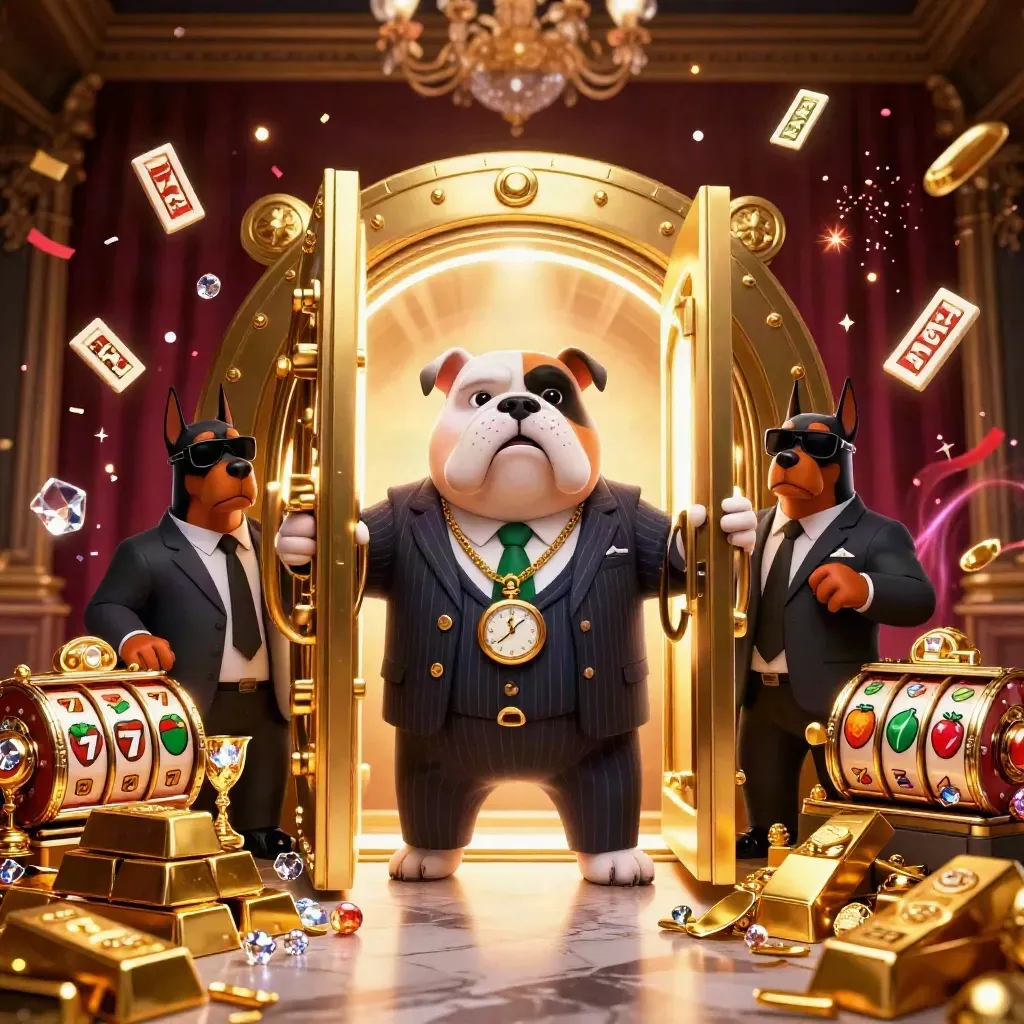 Bulldog boss and two Dobermans amid vault gold, reels, sparks, and luxe casino lights