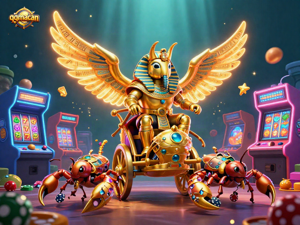 Engage with qqmacan's vibrant slot games featuring a golden scarab and scorpion chariot.