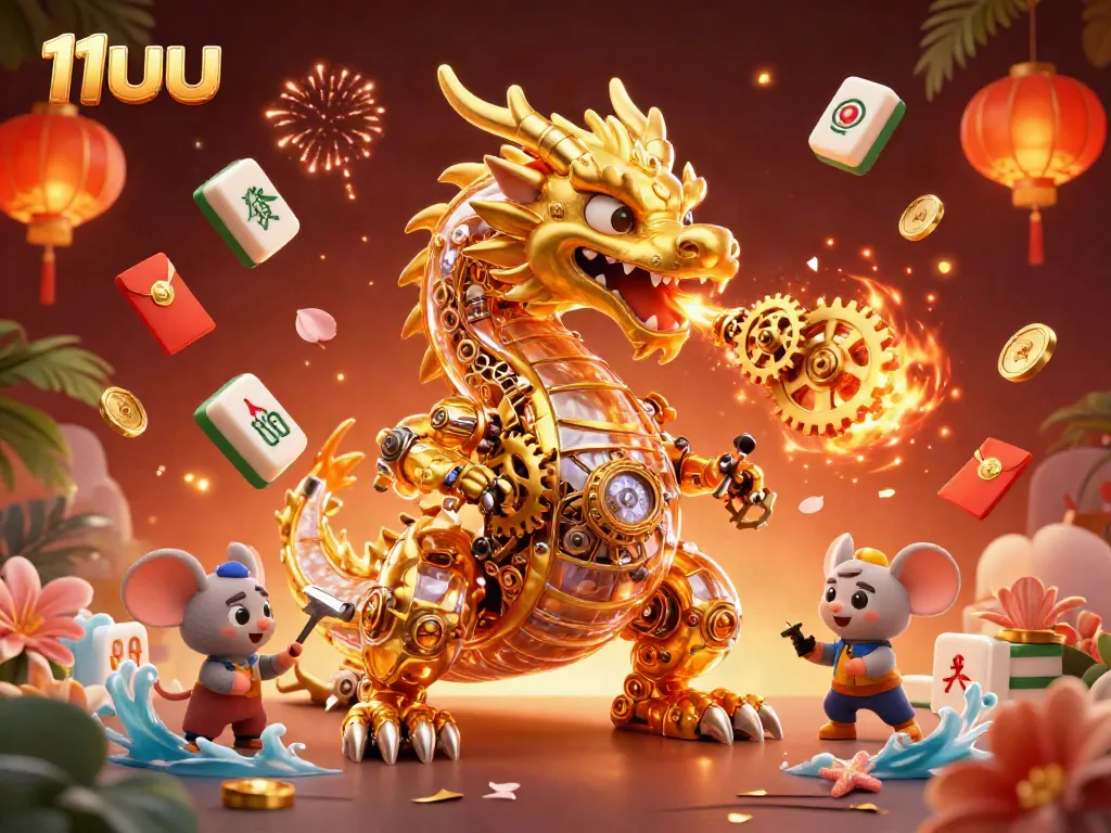 Experience thrilling gameplay at 11uu with a golden dragon and engineer amidst vibrant casino icons.