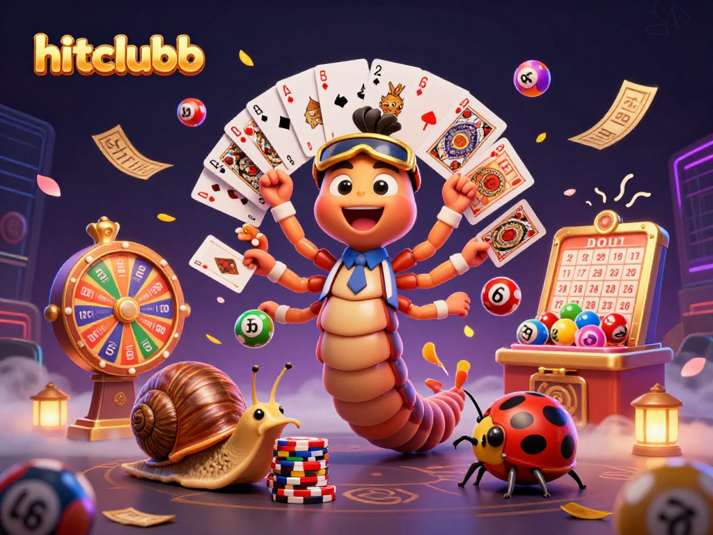 hitclubb showcases a colorful scene with a millipede dealer and lotto elements in a vibrant casino atmosphere.