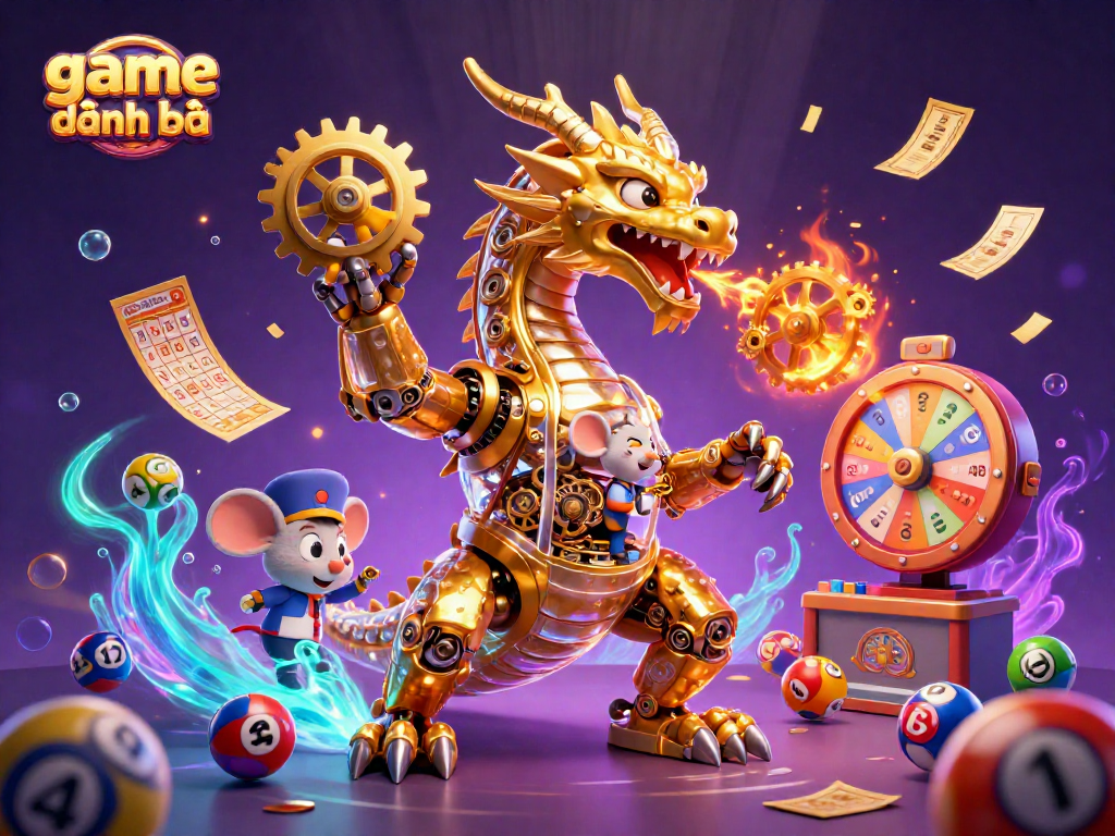 Engage in game đánh bài with a lively illustration of a golden dragon and lottery elements.