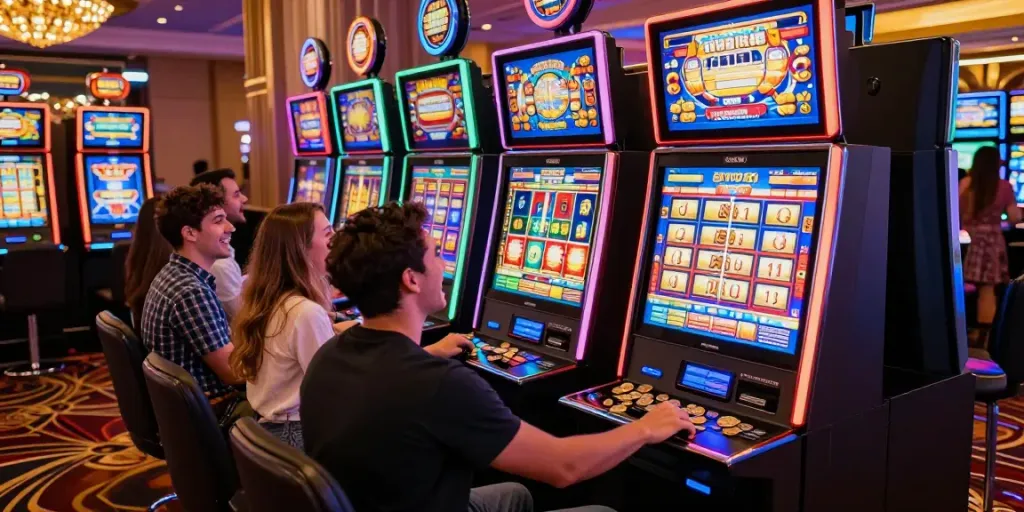Exciting gaming moment at a slot machine highlighting slot gacor hari ini with friends celebrating wins.