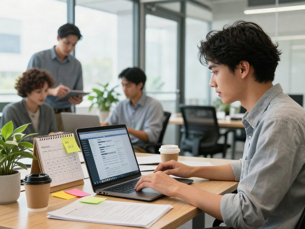 Job seeker exploring job opportunities หางาน at a collaborative office space with laptop and notes.