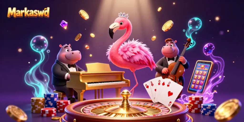 Markaswd showcases a vibrant casino scene with a flamingo singer and a hippo bassist, surrounded by dynamic gaming elements.