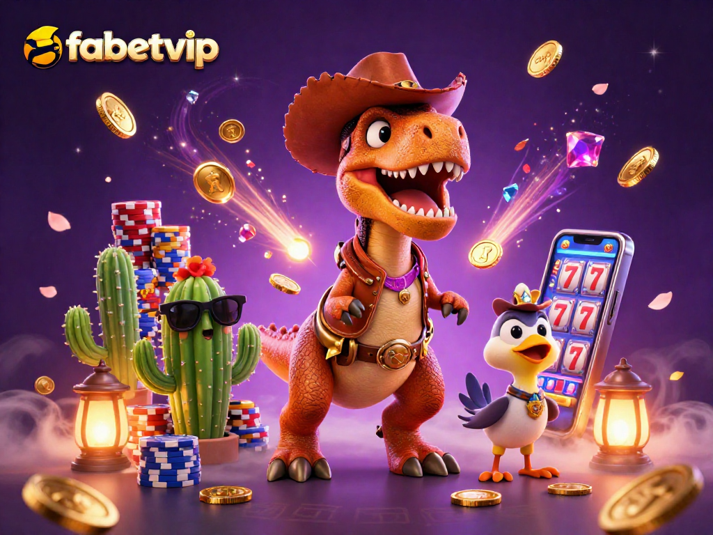 Experience thrilling wins at fabetvip with a dynamic casino scene featuring a cowboy dinosaur and colorful game elements.