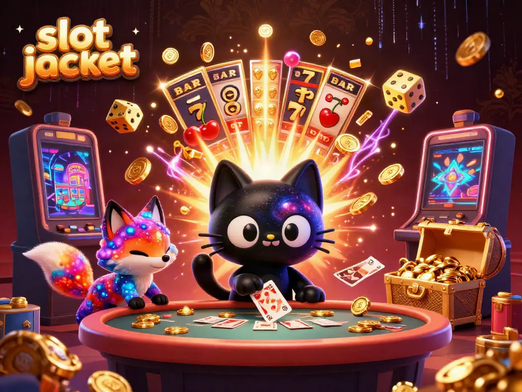 Experience the thrill of slot jackpot gaming with a dynamic cosmic scene featuring a black hole cat and a nebula fox.