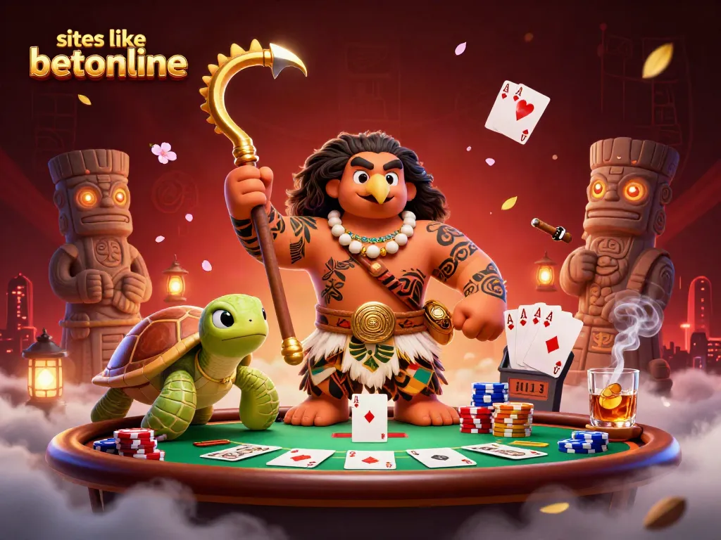 Engage with sites like betonline at a vibrant poker scene featuring a demigod and a turtle.