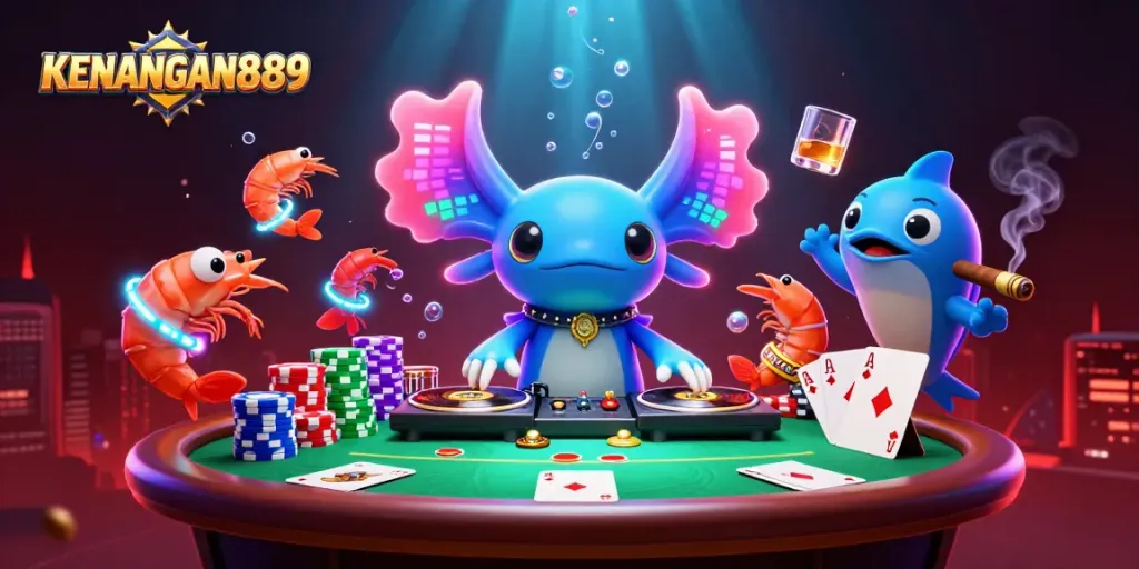 Experience the excitement of KENANGAN889 with vibrant underwater casino action featuring a DJ axolotl and poker elements.
