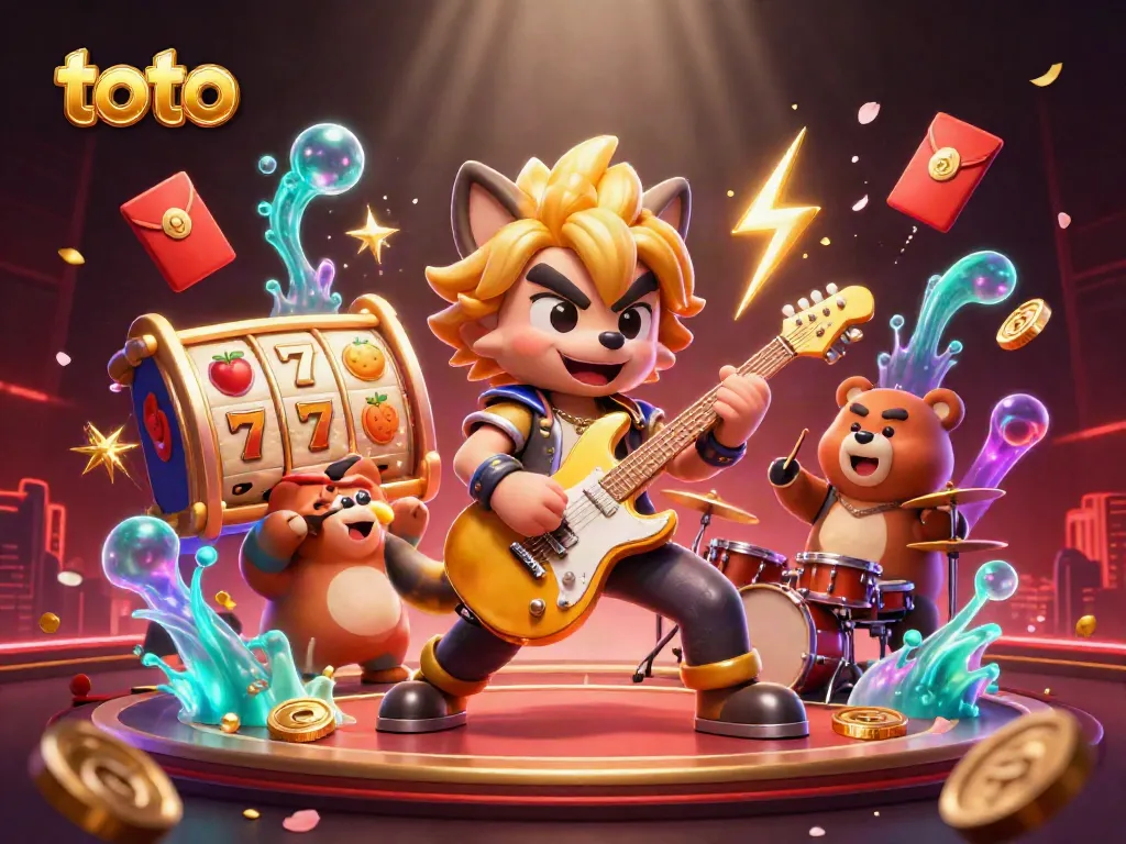Experience thrilling toto gaming with an electrifying scene featuring a rock star wolf and dynamic elements.