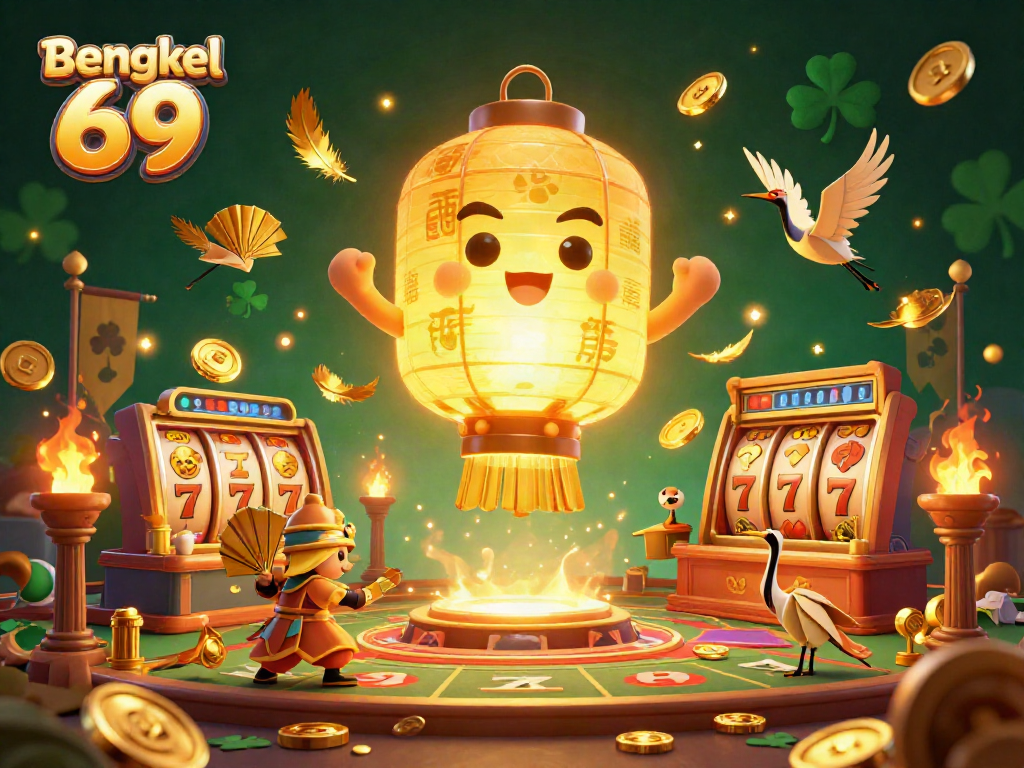 Capture the excitement at Bengkel 69 casino with golden lantern spirit and vibrant slot machines.