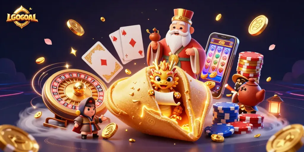 Engage with LGOGOAL’s dynamic gaming adventure featuring a majestic golden fortune cookie and vibrant casino elements.