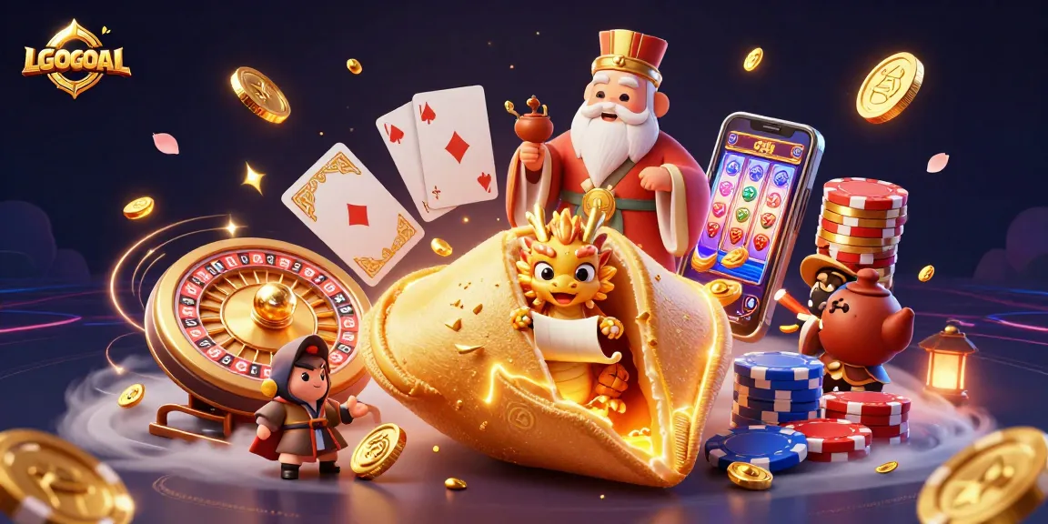 Engage with LGOGOAL’s dynamic gaming adventure featuring a majestic golden fortune cookie and vibrant casino elements.