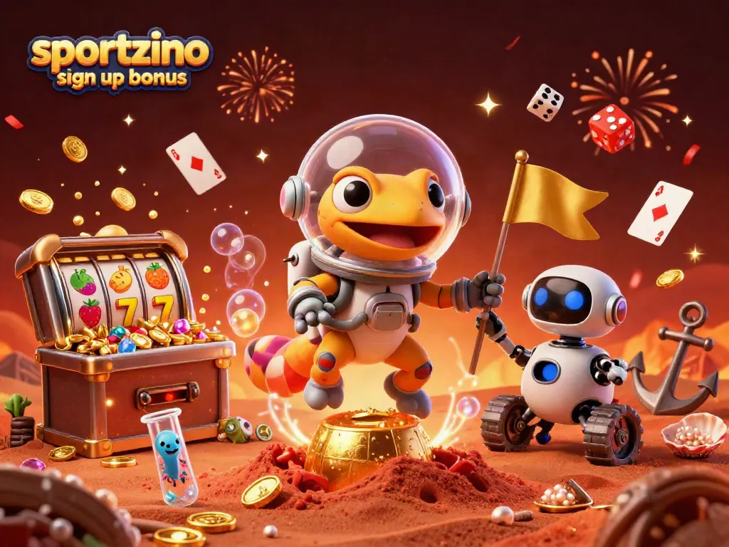 Experience the thrill with the sportzino sign up bonus, featuring a Martian gecko exploring a golden casino.