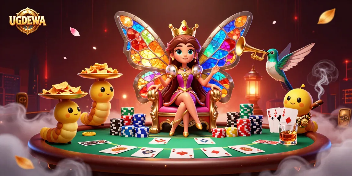 Engage with UGDEWA’s vibrant poker scene featuring a butterfly queen amidst rich gaming elements.