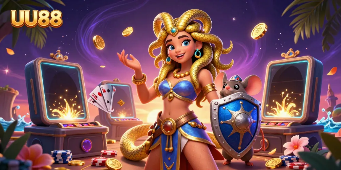 Experience gambling excitement with UU88's vibrant casino scene, featuring slot games and playful characters.