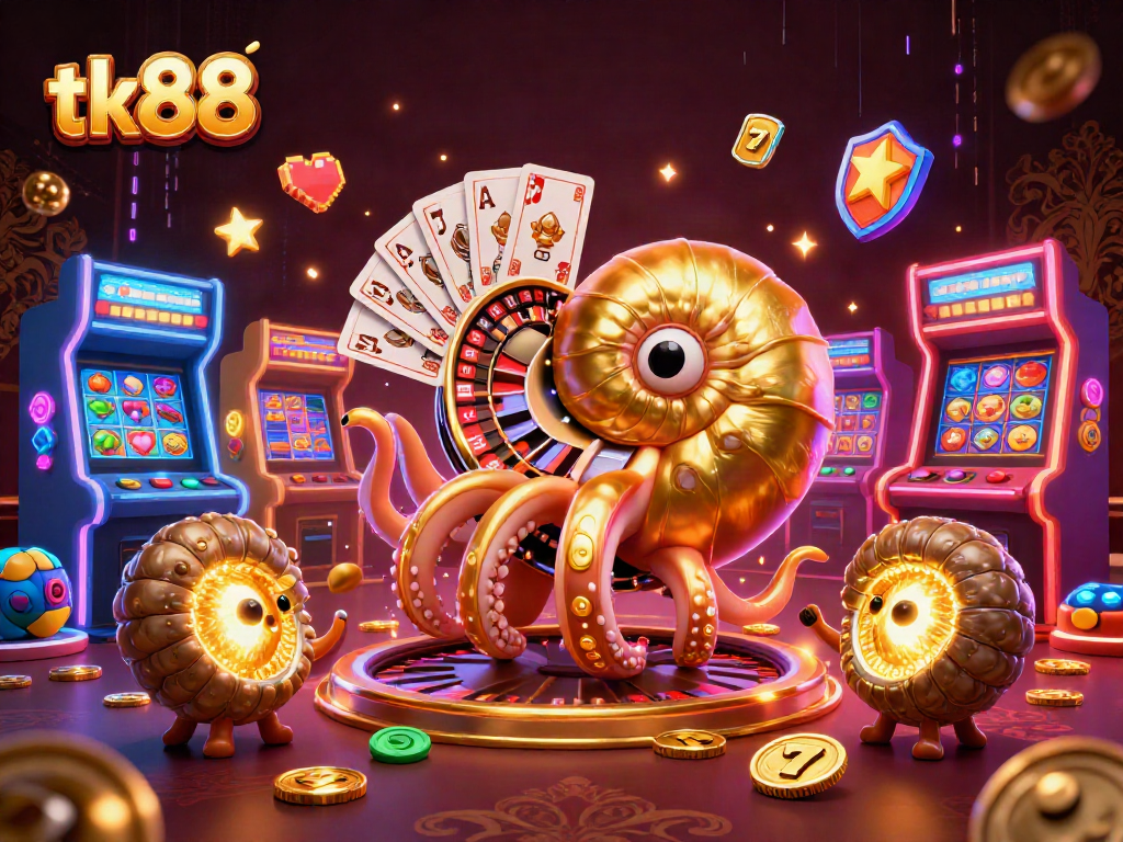 Spin the reels at tk88 with a vibrant casino scene featuring a giant nautilus and glowing symbols