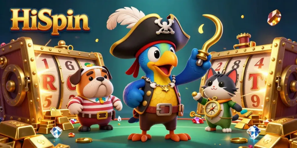 Win big with HiSpin and charming characters in a vibrant 3D casino scene.