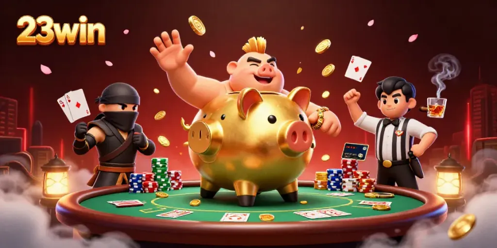 Experience the excitement of 23win with a dynamic 3D illustration of a piggy bank sumo wrestler amidst poker elements.