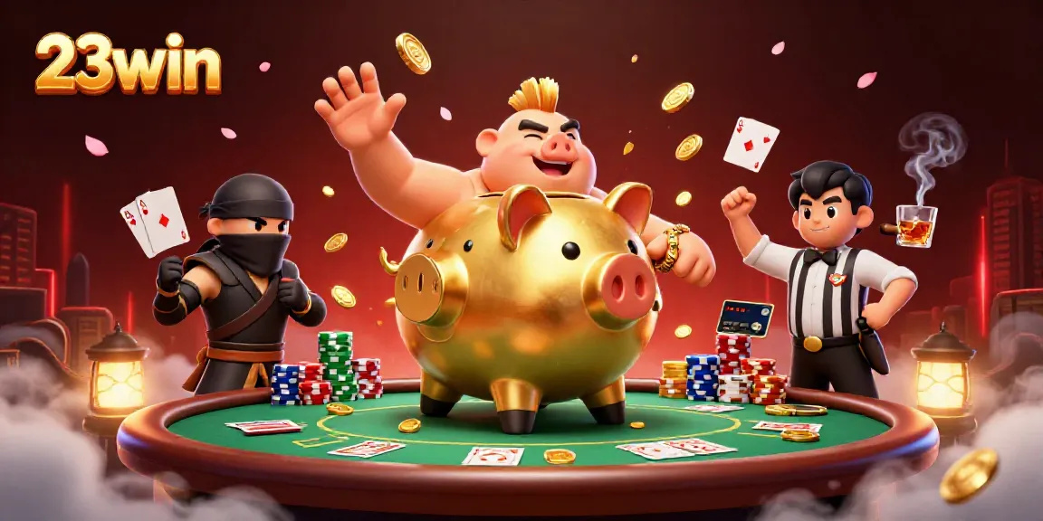 Experience the excitement of 23win with a dynamic 3D illustration of a piggy bank sumo wrestler amidst poker elements.