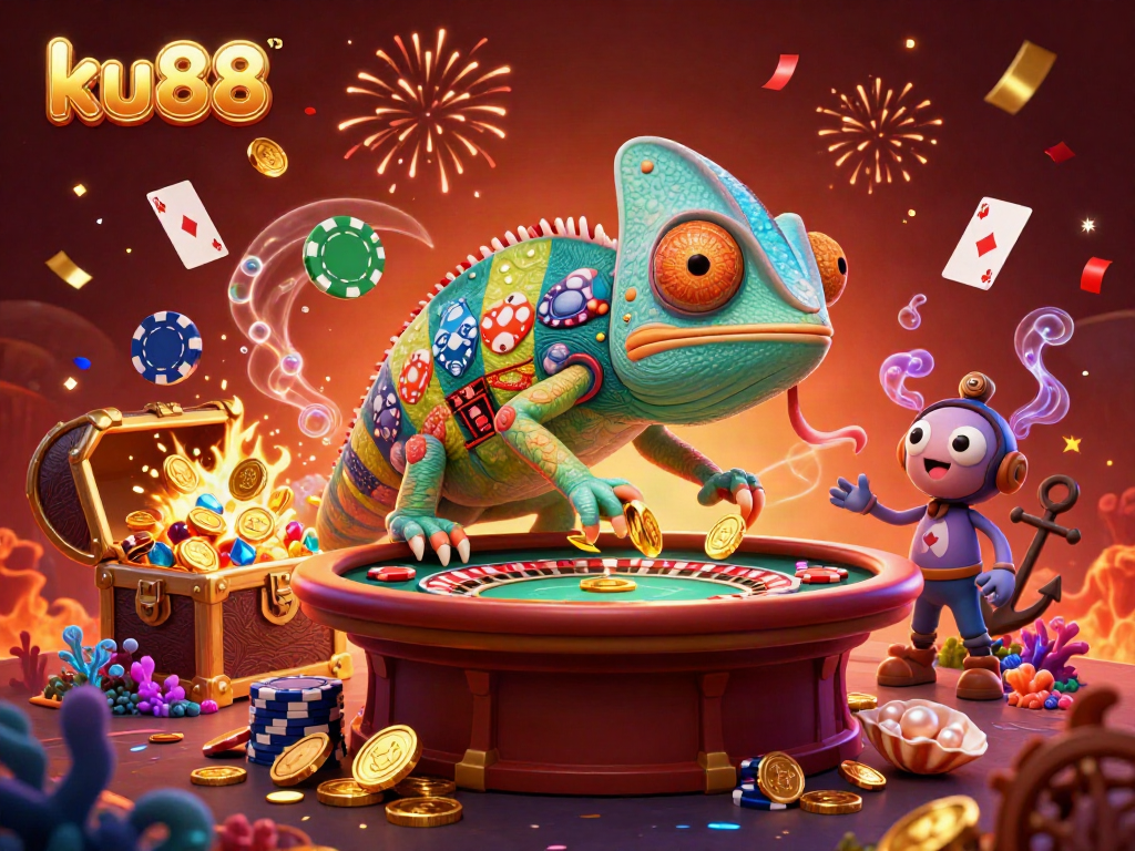 Experience the vibrant atmosphere of ku88 with a chameleon casino owner surrounded by riches and games.