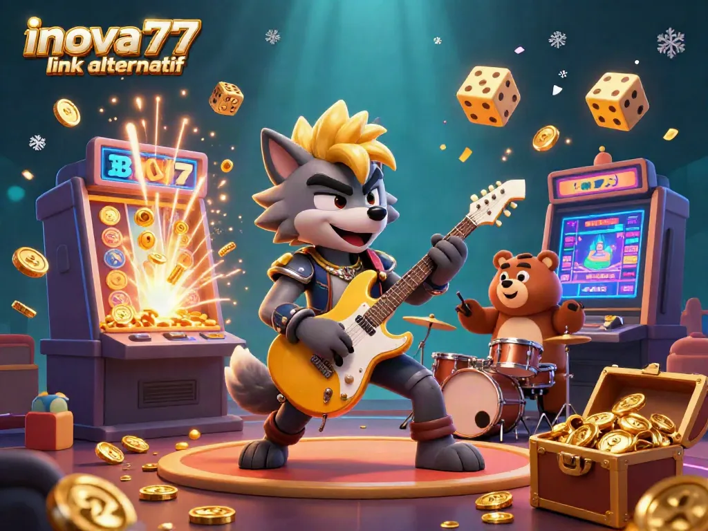 Experience the excitement of inova777 link alternatif with a vibrant casino scene featuring dynamic characters and festive elements.