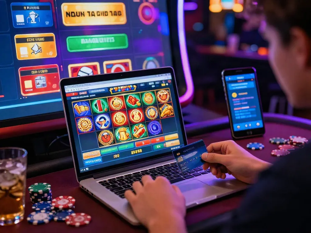 Player making deposits at online casinos that accept credit cards with colorful games in the background.