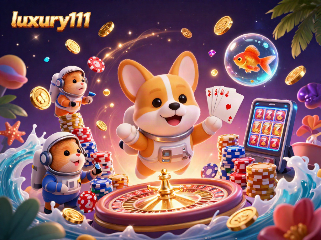 Engage in thrilling space-themed gaming adventures with luxury111 as a corgi astronaut spins slots and plays cards.