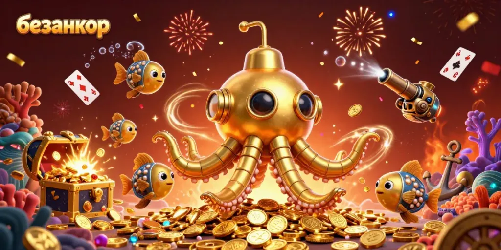 Experience the thrill at безанкор with a golden kraken submarine amidst a bounty of casino treasures!