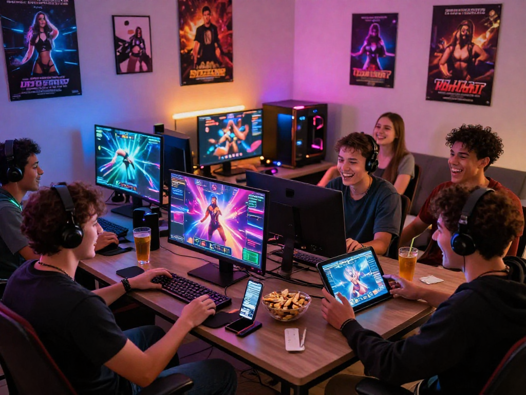 Engaging scene of diverse players enjoying sexgames online on multiple devices in a lively setting.