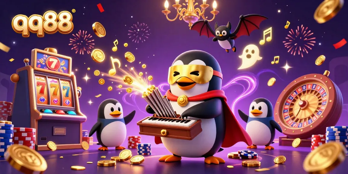 Experience thrilling wins with qq88 in a vibrant casino scene featuring a playful penguin and slot machines.