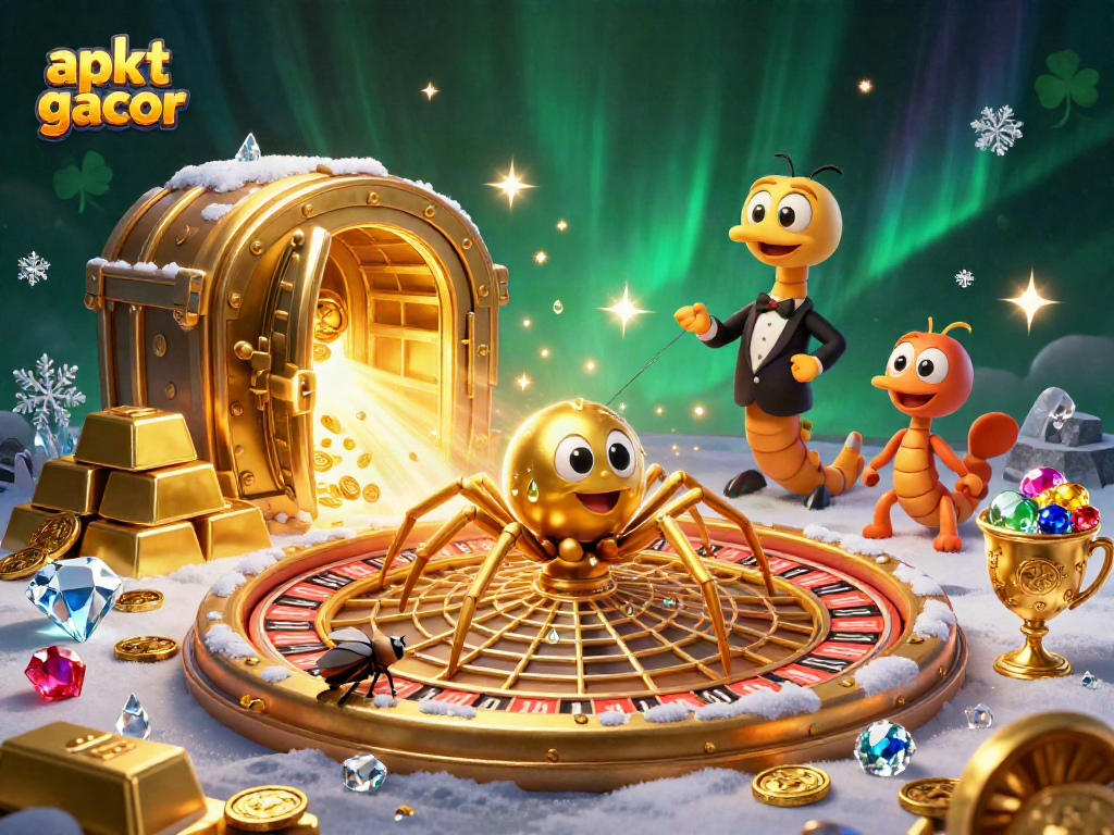 Spin and win with apk slot gacor featured in a vibrant 3D casino-themed illustration.