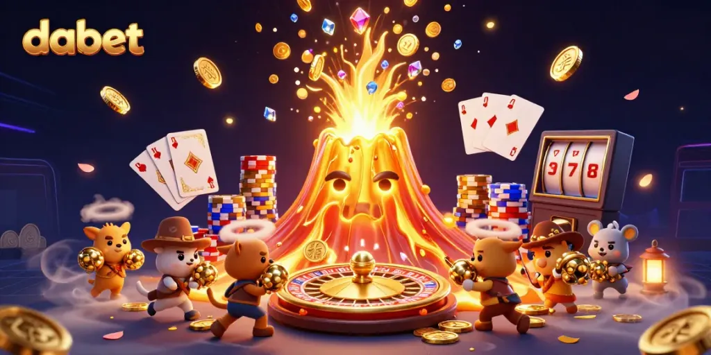 Dabet ignites excitement in a golden volcano eruption showcasing abundant treasures in a casino-themed spectacle.