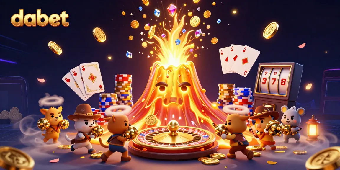 Dabet ignites excitement in a golden volcano eruption showcasing abundant treasures in a casino-themed spectacle.