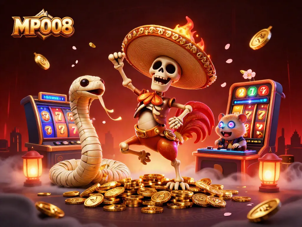 Spin the reels with MPO08 while enjoying a vibrant casino scene alive with 3D cartoon characters.
