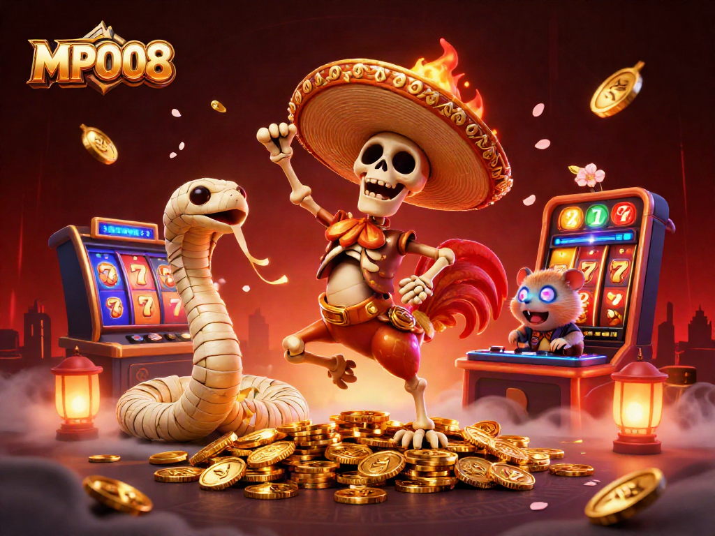 Spin the reels with MPO08 while enjoying a vibrant casino scene alive with 3D cartoon characters.