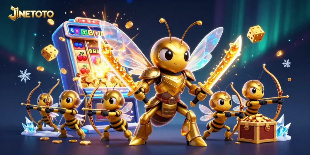 Engage in vibrant JNETOTO gameplay with dazzling visuals, featuring a golden hornet samurai and slot machine spectacle.