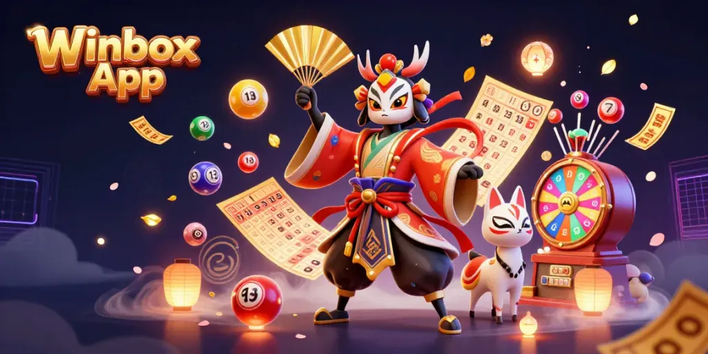 Winbox App - Engage with exciting lottery elements in a vibrant 3D casino scene.