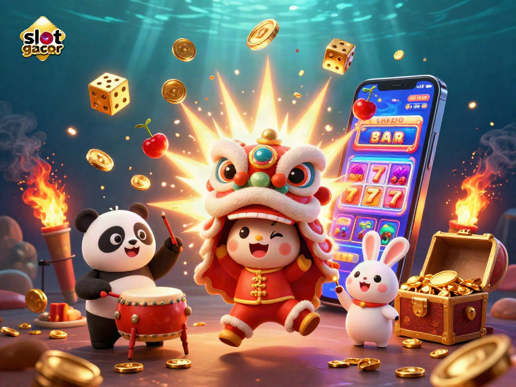 Experience the excitement of slot gacor with vibrant animations and characters celebrating a jackpot explosion.