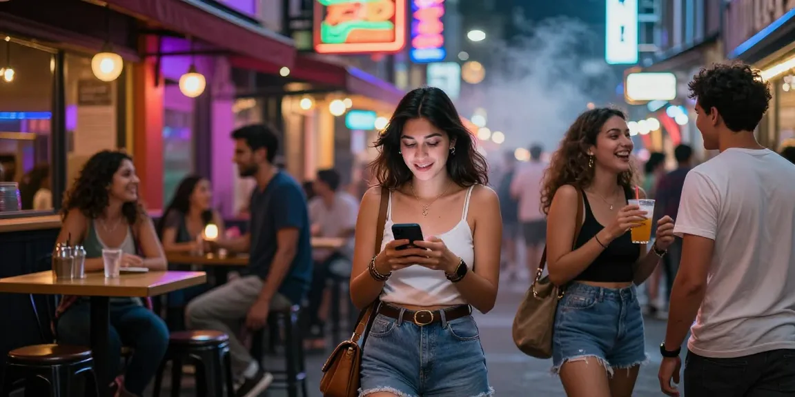 Phụ nữ tự tin trong đêm neon, tượng trưng cho gái gọi và cuộc sống về đêm trí thức.