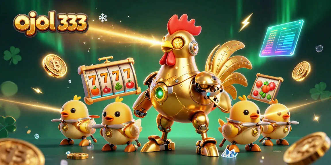 Spin the reels of ojol 333 slot while dodging laser beams from a golden rooster robot in a vibrant casino scene.