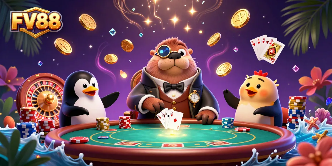 Experience FV88 with a jolly walrus at an underwater poker table, surrounded by golden coins and vibrant game elements.