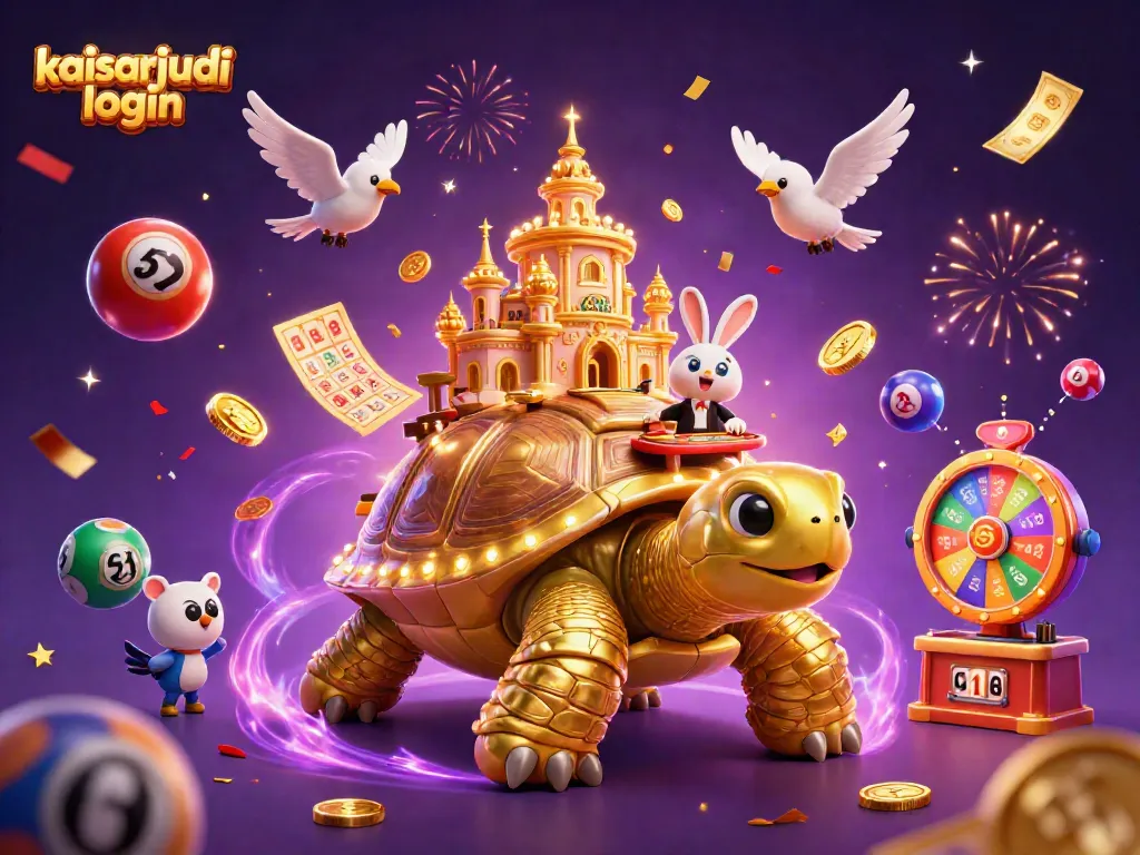 Engage in kaisarjudi login with the golden tortoise and vibrant casino elements in this colorful 3D scene.