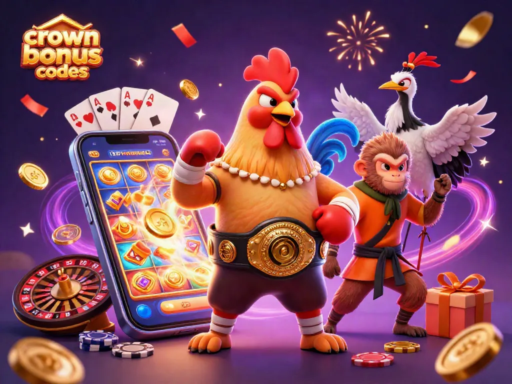 Experience crown coins bonus codes with a vibrant 3D casino scene featuring unique characters and game elements.